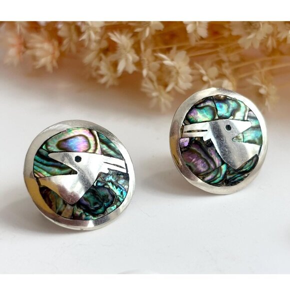 Abalone Gazelle Figural Modernist Taxco Sterling Silver Mexica Southwest Studs - Picture 1 of 10